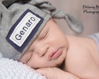 Newborn knot beanie in gray jersey knit