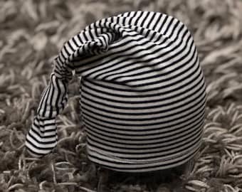 Newborn knot beanie in black/white stripe jersey knit