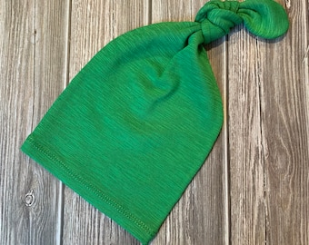 Newborn knot beanie in green jersey knit