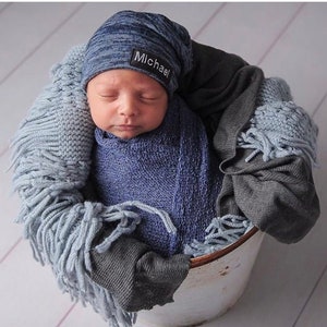 Newborn slouch beanie in blended denim blue sweater knit