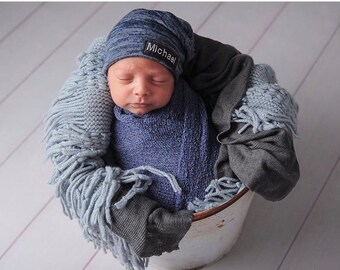 Newborn slouch beanie in blended denim blue sweater knit