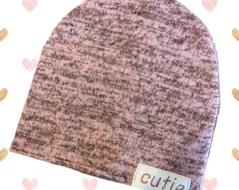 Newborn Slouch Beanie: Pink/Gray Knit 'Cutie' Patch