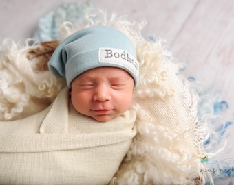 Newborn slouch beanie in dusty blue sweater knit