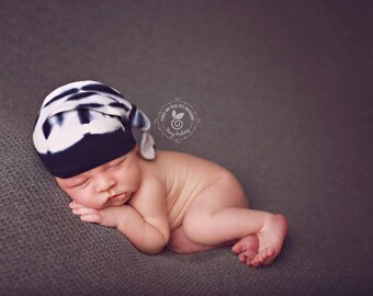 Newborn knot beanie in navy tie-dye jersey knit