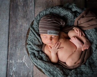Newborn slouch beanie in brown stripe sweater knit