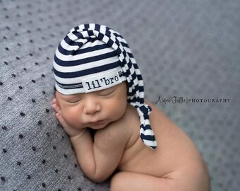 Newborn knot beanie in navy/white striped jersey knit