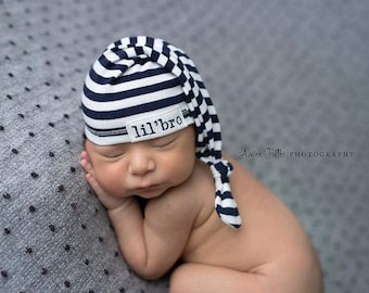 Newborn knot beanie in navy/white striped jersey knit