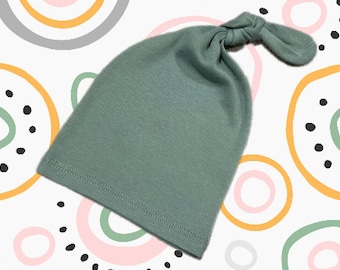 Newborn knot beanie in light teal jersey knit