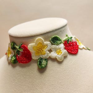 Strawberry Choker, Cottagecore Lace Necklace with Embroidered Flowers & Strawberries, Fairycore Jewelry, Adjustable Bohemian Fairy Necklace