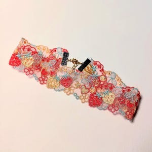 Strawberry Cherry Flower Lace Choker Necklace - Handmade Embroidered Romantic Fairycore Adjustable Gift for Her Forestcore Accessory