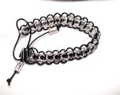 Leather Black Rhinestones Silver Scalloped Oval Link Chain Furnace Glass Bead Silver Metal Beads Cuff Bracelet