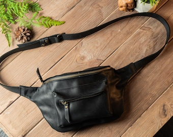 Travel Black Leather Fanny Pack, Hands Free Leather Waist Bag, Leather Hip Bag, Unisex Belt Bag, Crossbody Bag, Leather Bum Bag, Sling Bag