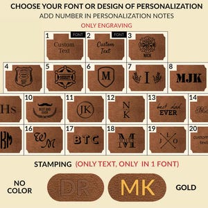 May include: A chart showing 20 different font and design options for personalization. The options include custom text, initials, and pre-designed graphics. The chart also includes two stamping options: "DR" and "MK".