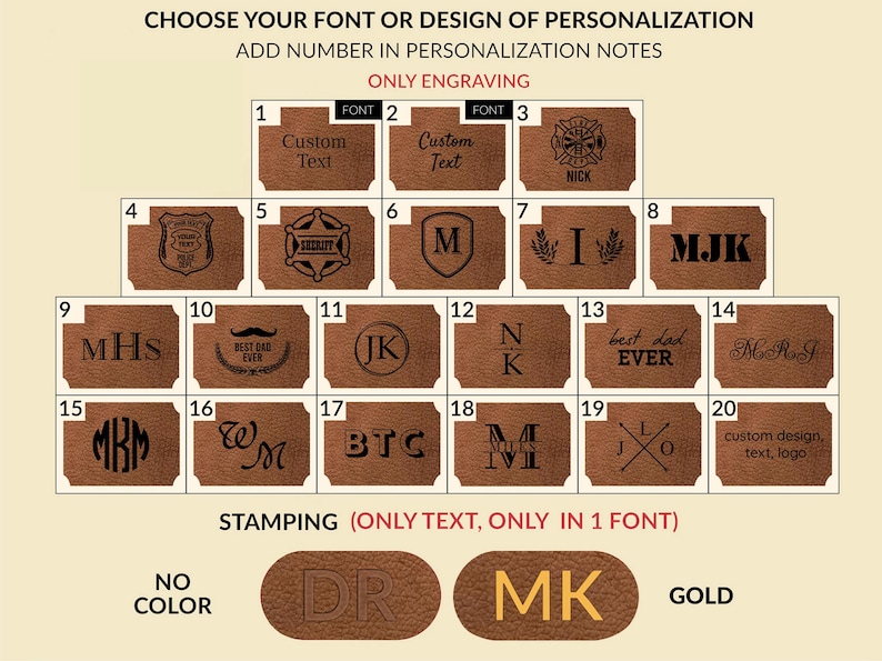 May include: A chart showing 20 different font and design options for personalization. The options include custom text, initials, and pre-designed graphics. The chart also includes two stamping options: "DR" and "MK".