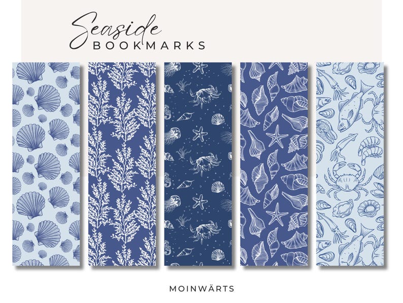 Printable Nautical Bookmarks | 5 Blue Coastal Patterns With Seashells ...