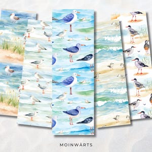 Marcadores de página em aquarela marítima para imprimir, marcadores de página digitais em PDF em tamanho A4 e carta, fitas de marcadores com gaivotas, praia e mar