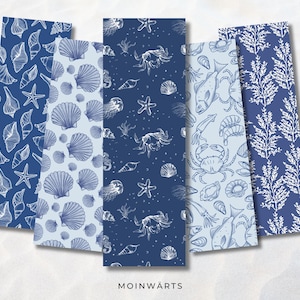 May include: Five different blue and white patterned digital paper designs featuring seashells, crabs, fish, seaweed, and other nautical elements.  The patterns are perfect for scrapbooking, card making, and other paper crafts.