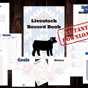 Könnte beinhalten: Ein Viehzucht-Rekordbuch mit verschiedenen Seiten zur Verfolgung von Informationen. Das Cover zeigt eine schwarze Kuhsilhouette und den Text "Livestock Record Book". Zusätzliche Seiten umfassen Abschnitte für Informationen zu Rindern, Futterprotokolle und Gesundheitsakten.