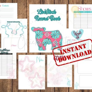 Könnte beinhalten: Druckbares Viehzucht-Notizbuch mit einem pinkfarbenen und türkisfarbenen Kuhdesign. Das Buch enthält Seiten für Kontakte, Informationen über das Vieh, Gesundheitsaufzeichnungen, Shows, Gewichtsprotokoll, Notizen und Ziele. Sofortiger Download.