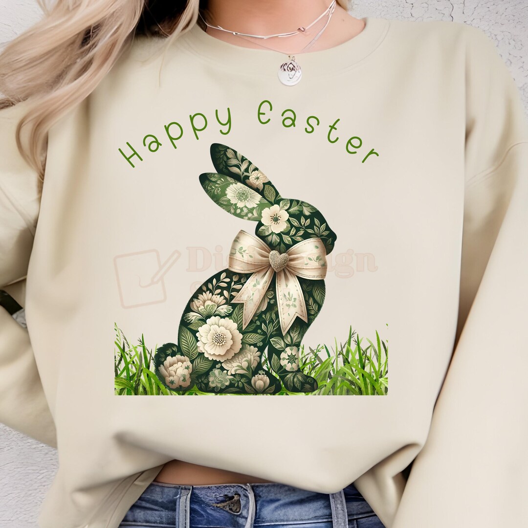 Happy Easter Floral Bunny PNG, Vintage Floral Easter Bunny PNG | Green ...