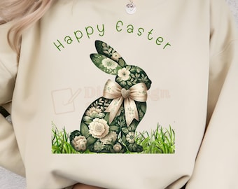 Happy Easter Floral Bunny PNG, Vintage Floral Easter Bunny PNG | Green Bunny Clipart | Spring Rabbit Sublimation Design