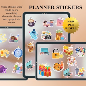 Puede incluir: Pegatinas digitales para planificador en tabletas, con ilustraciones de una taza de café, cámara, portátil y regalos. La imagen incluye el texto "PLANNER STICKERS". Las pegatinas están diseñadas con elementos, formas y gráficos.