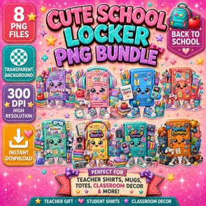 Puede incluir: Un paquete digital de ocho ilustraciones de casilleros escolares antropomórficos con caras, extremidades y accesorios escolares como libros, auriculares y equipo deportivo, sobre un fondo rosa con estrellas y texto.