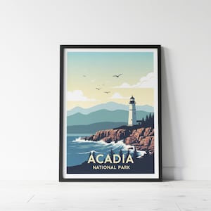 Acadia National Park Poster, Vintage Travel Print | Maine Lighthouse Wall Art,National Park Art Print | Framed, Unframed or Digital Download