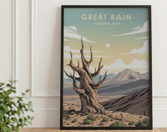 Plakat z Parkiem Narodowym Basin, grafika z sosną długowieczną, dekoracja ścienna w stylu retro (pobranie cyfrowe)