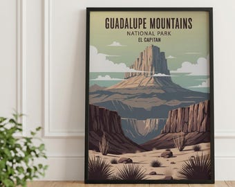 Poster des Guadalupe Mountains Nationalparks: El Capitan Retro-Landschaftsbild aus Texas