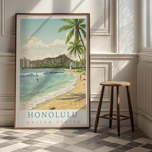 Honolulu Hawaii Travel Poster | Waikiki Beach Diamond Head Art Print