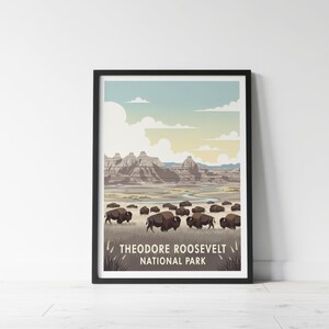 Theodore Roosevelt National Park Poster, North Dakota Art, Bison Print, Vintage Travel Poster, Badlands Decor, Retro Western Art