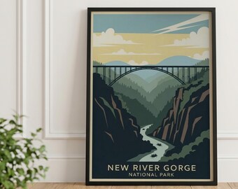 Pôster do Parque Nacional New River Gorge: Arte paisagística vintage da Virgínia Ocidental (Download digital)