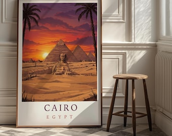 Cairo Egypt Travel Poster | Pyramids Sphinx Sunset Art Print