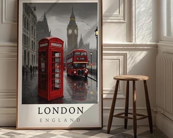London England Travel Poster | Big Ben Red Bus Iconic City Print