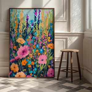 Póster de campo de flores abstracto vibrante: arte mural botánico colorido, impresión de flores modernas, decoración estética para el hogar