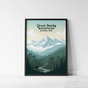 Great Smoky Mountains Poster, Tennessee Art, North Carolina, Vintage Travel Print, Black Bear Art, Blue Ridge Parkway Decor