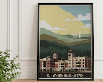 Affiche vintage du parc national de Hot Springs : Bathhouse Row, art de l’Arkansas (téléchargement numérique)