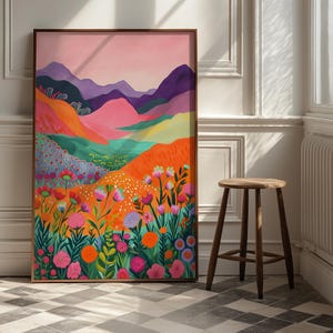 Lebendiges Blumenfeld in den Bergen - Bunte Landschaft, Kunstdruck, Abstrakte Natur Wanddekoration, Ästhetische Kunst