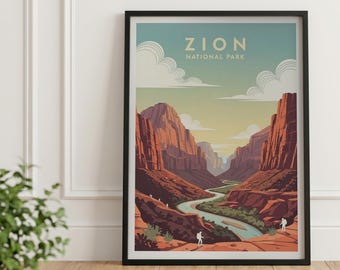 Plakat podróżniczy w stylu vintage z Parku Narodowego Zion: Krajobraz Kanionu Utah (do pobrania w wersji cyfrowej)