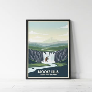 Katmai National Park Poster, Alaska Bear Print, Brooks Falls Wall Art, Vintage Travel Poster, Bear Catching Salmon, Wildlife Art