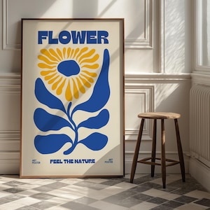 Impresión artística de flores abstractas / Póster botánico azul y amarillo