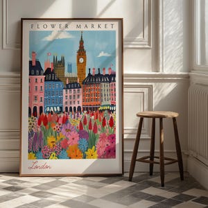 London Blumenmarkt Poster - Big Ben Stadtbild Kunstdruck, UK Travel Decor, lebendige urbane Blüten