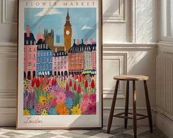 London Flower Market Poster - Big Ben Cityscape Art Print, UK Travel Decor, Vibrant Urban Blooms