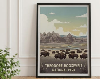 Theodore Roosevelt National Park Bison Print: Vintage Badlands Landscape Wall Art (Digital Download)