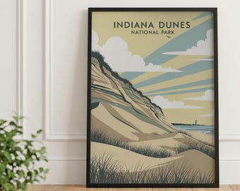 Plakat vintage z Parku Narodowego Indiana Dunes: Krajobraz nadmorski jeziora Michigan
