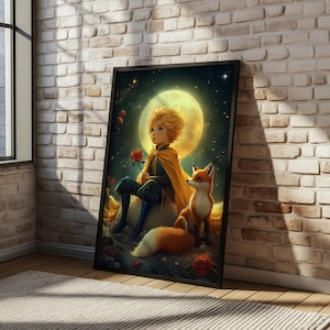 Little Prince Art Print - Whimsical Illustration, Stars, Rose, Fox, Children&#39;s Room Decor