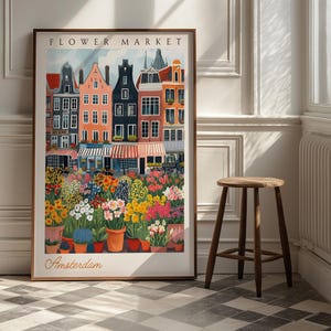 Póster del Mercado de Flores de Ámsterdam: Impresión artística de un encantador paisaje urbano, decoración de viaje a Holanda, vibrantes flores urbanas