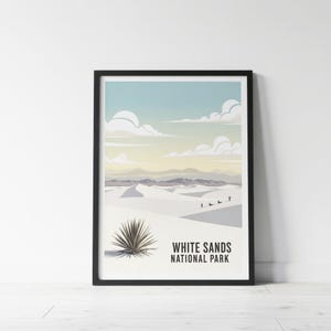 Plakat podróżniczy w stylu vintage z Parku Narodowego White Sands: wydruk artystyczny z Nowego Meksyku
