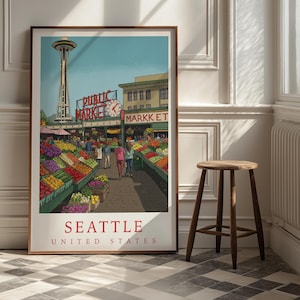 Seattle USA Travel Poster | Pike Place Market Space Needle Art Print